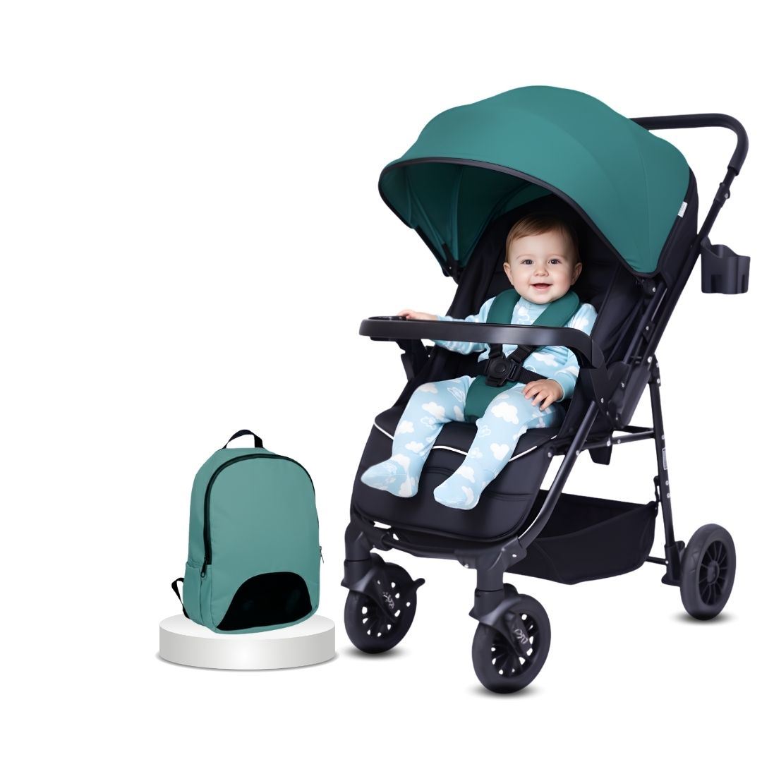 Coche Cuna De Lujo DELTA II  con Mochila Pañalera Turquesa